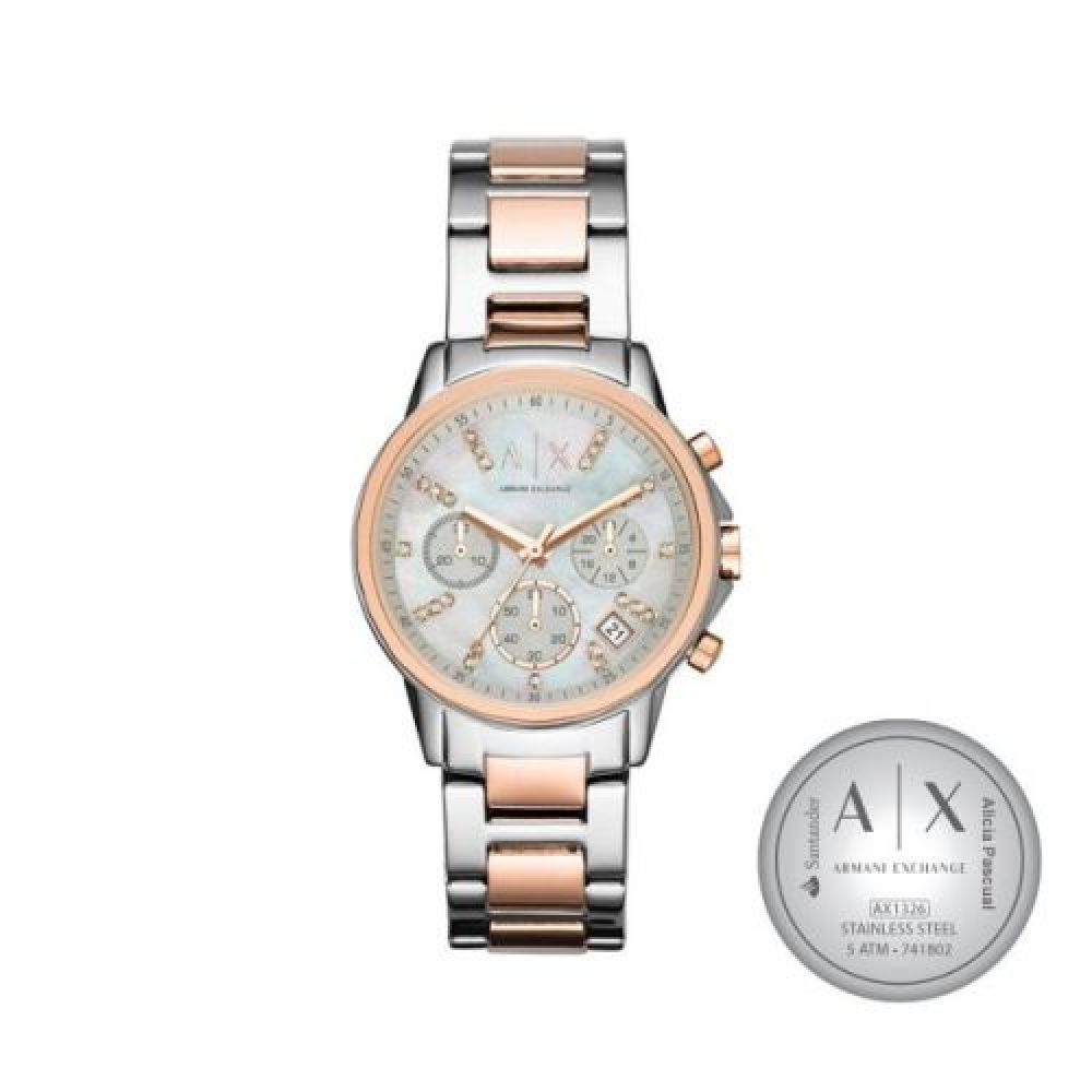 RELOJ DAMA MARCA ARMANI ACERO INOXIDABLE EXT. METAL DOS TONOS CON FECHADOR Y CHRONO  GRABADO LASER EN TAPA imagen